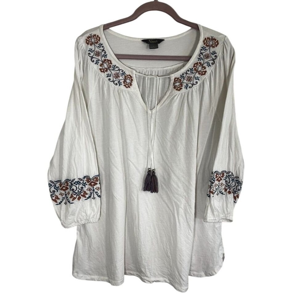 Earthy Floral Embroidery Tunic Top XL‎ Boho Indie Folk Peasant Cottage Festival